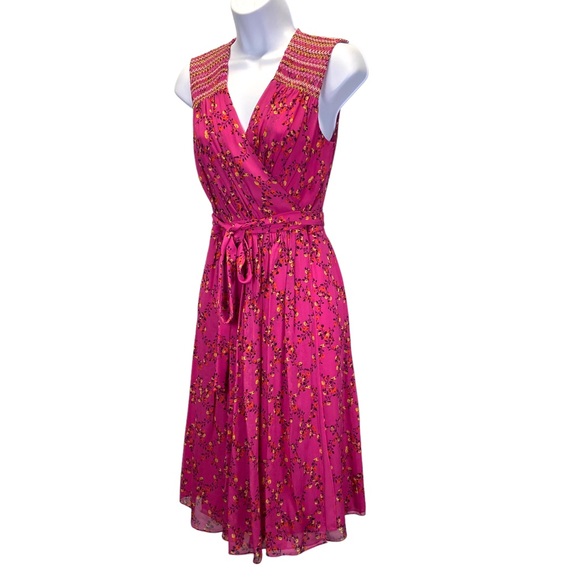 Diane Von Furstenberg DVF Silk Wrap Smocked Ditsy Floral Pink Midi Dress 6 - Picture 3 of 16